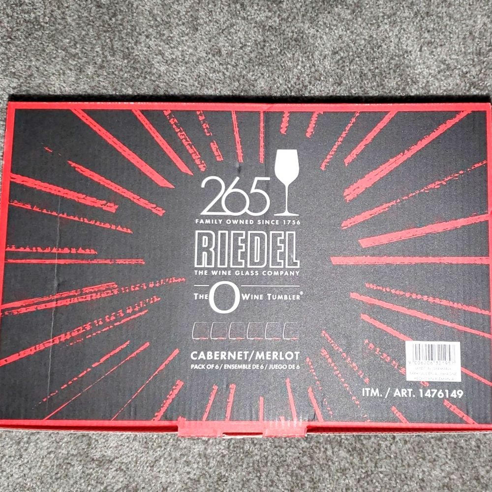 RIEDEL O Stemless Cabernet/Merlot wine glasses 6 in a box. Brand New